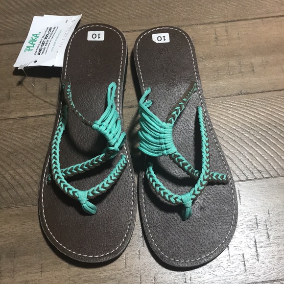 NWT Plaka Oceanside flip flop sandals turquoise and brown Sz 10 - Picture 8 of 8